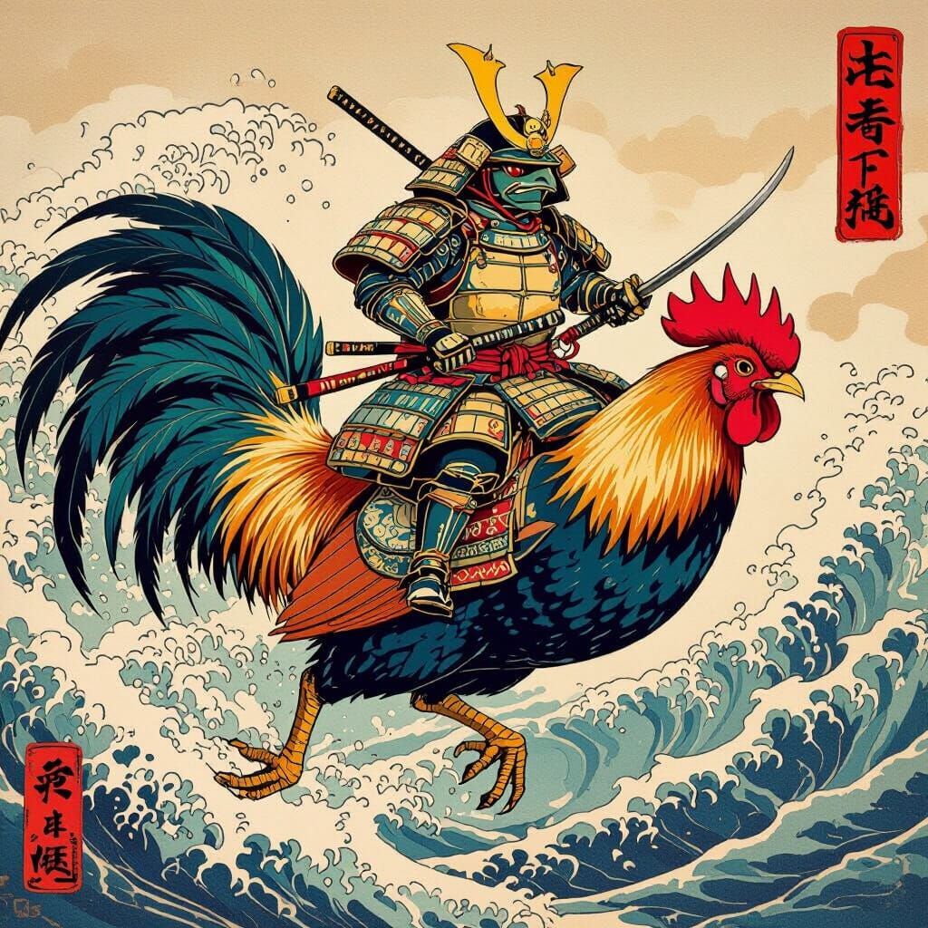 Turtle Samurai Rides Leaping Rooster in Ukiyo-e Style
