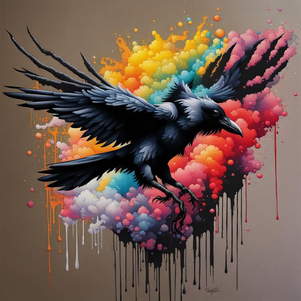 Raven and Unicorn Cross-Stitch in Graffiti Art Style