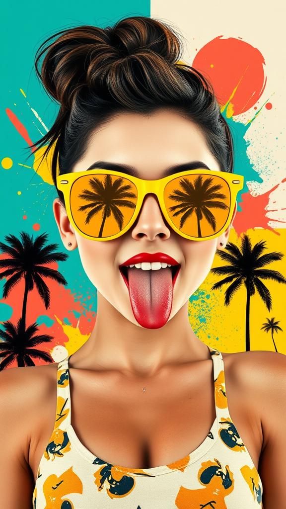 Pop Art Collage: Woman with Palm Tree Sunglasses