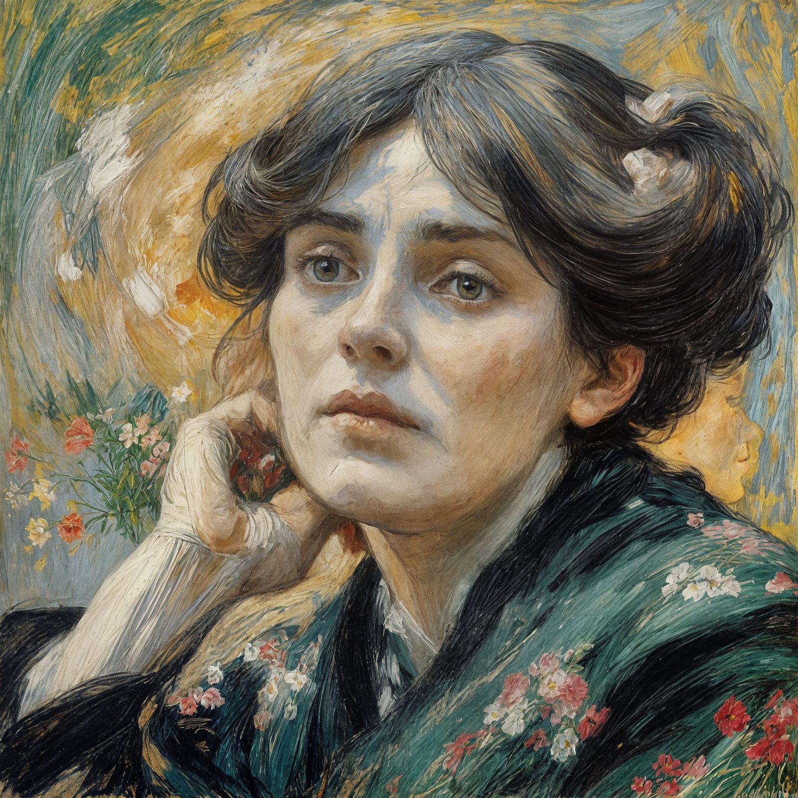 Expressionistic Portrait of Woman in Floral Dress