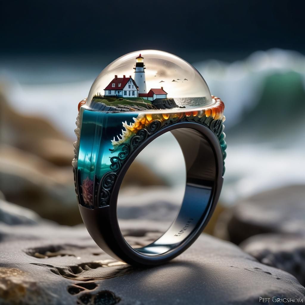 Detailed Lighthouse Render in Ornate Resin Ring