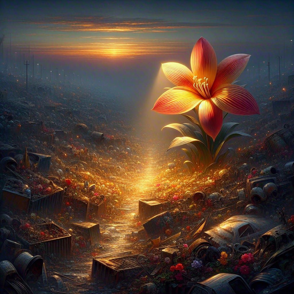 Lone Flower Radiates Light in Junkyard, Baroque Style