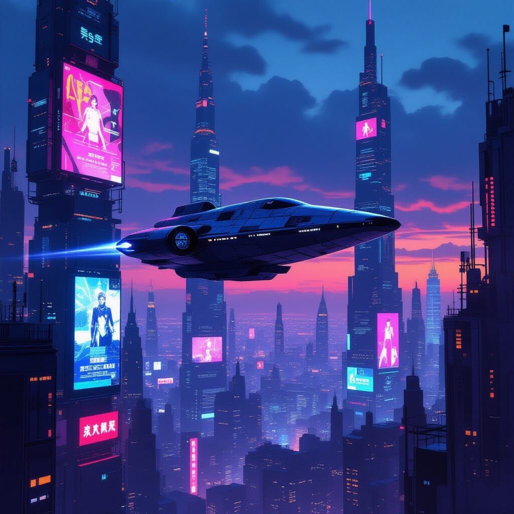 Lone Spaceship Above Neon Cyberpunk City at Twilight
