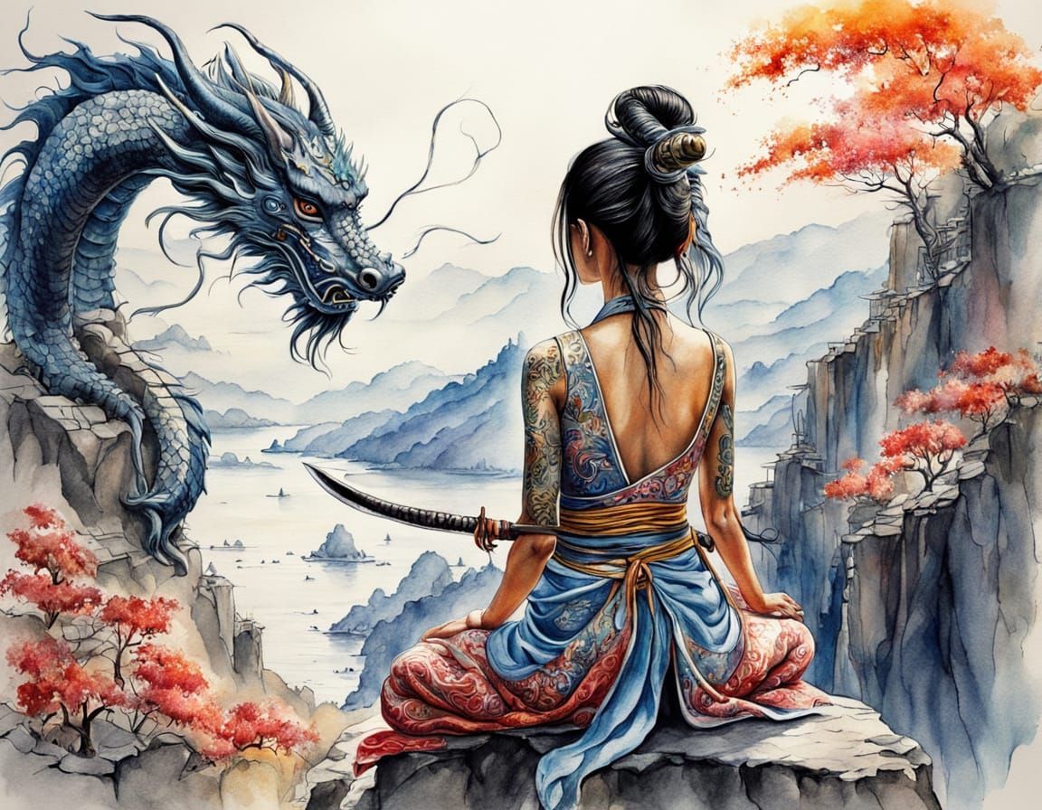 Samurai Goddess with Dragon Tattoo and Katana Sword