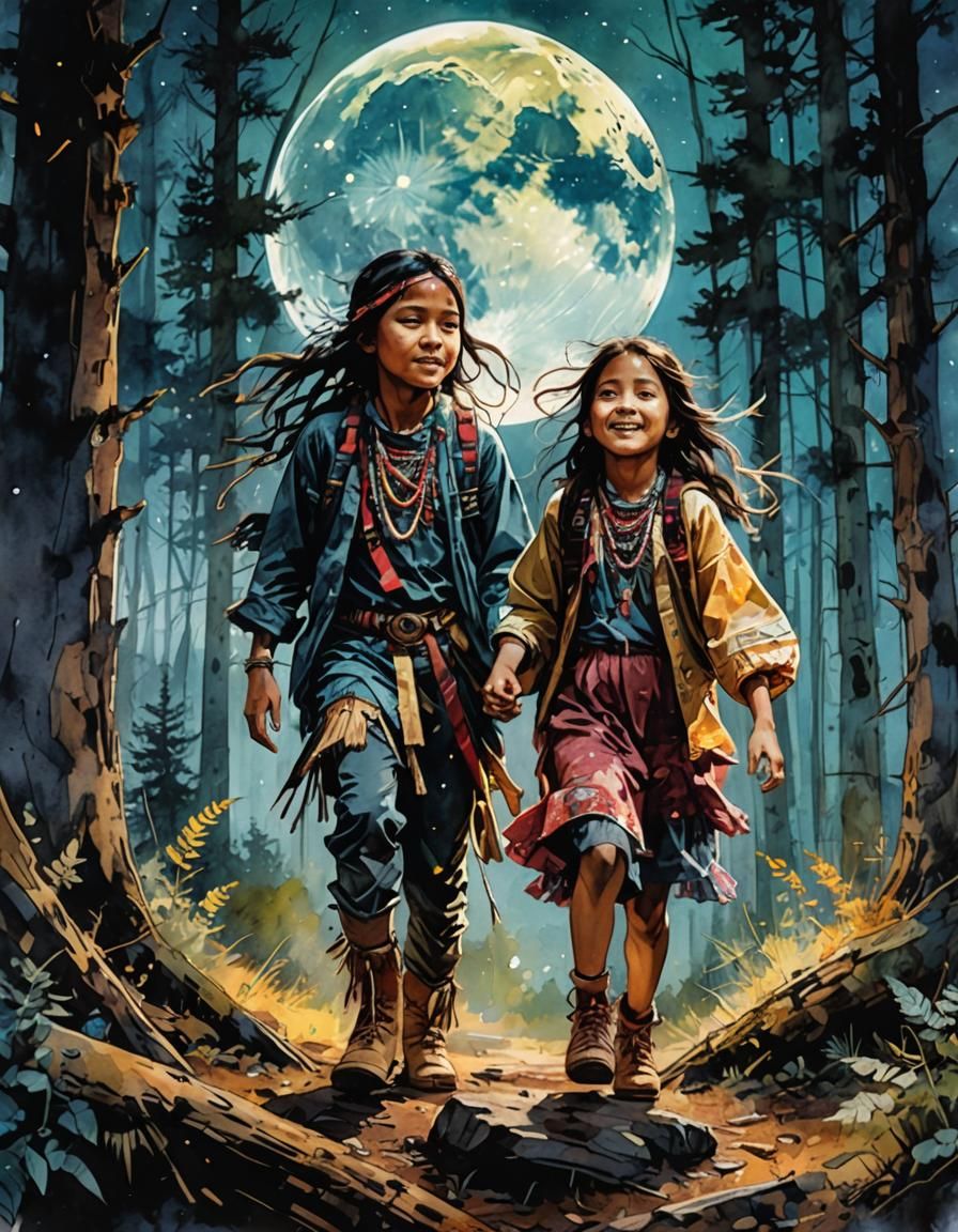 Vivid Watercolor: Children Playing Under the Moon