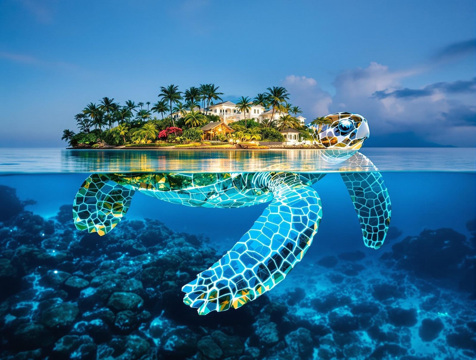 Island Dreamscape with Serene Sea Turtle