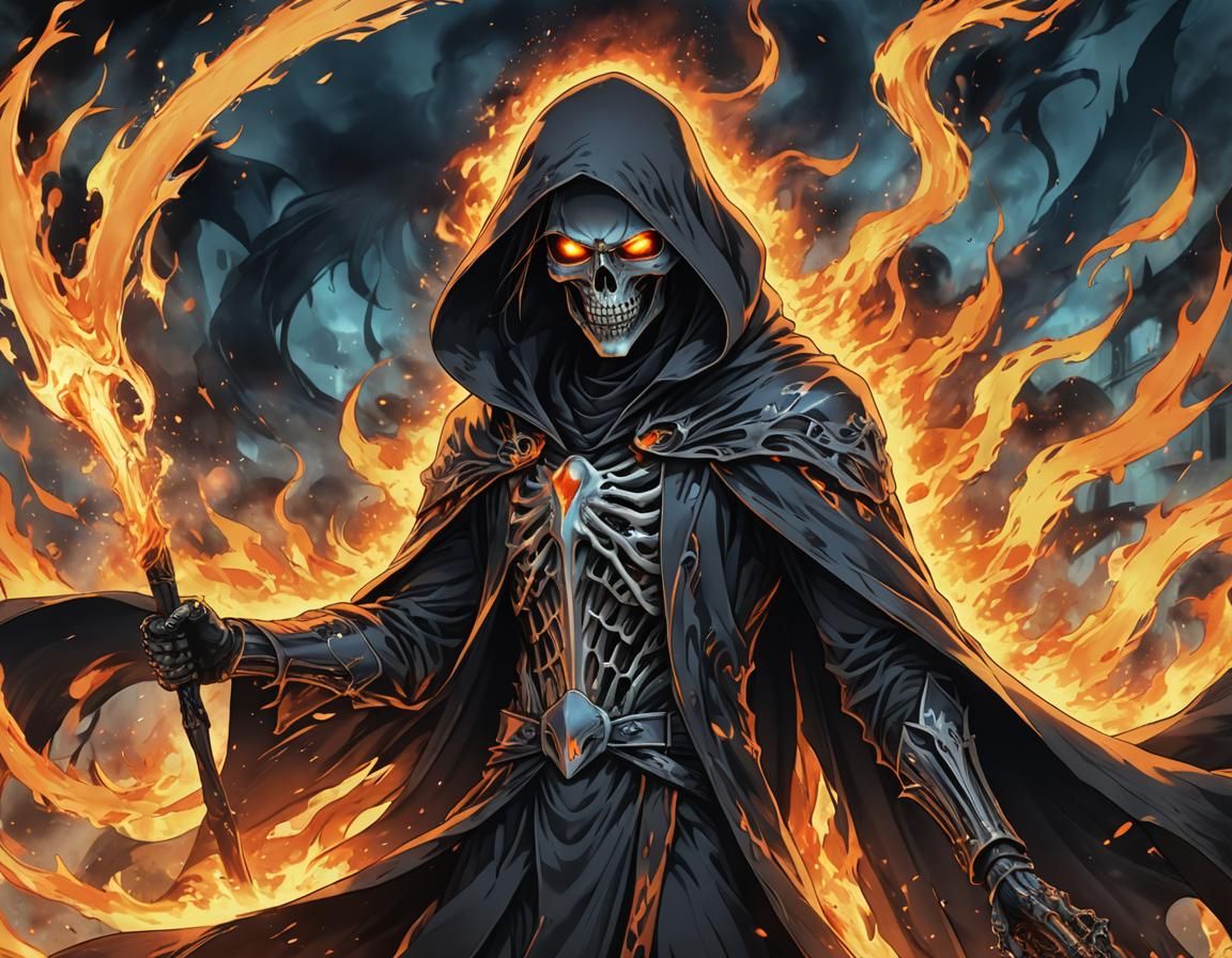 Manga-Style Grim Reaper Rises Through Flames with Eerie Inte...