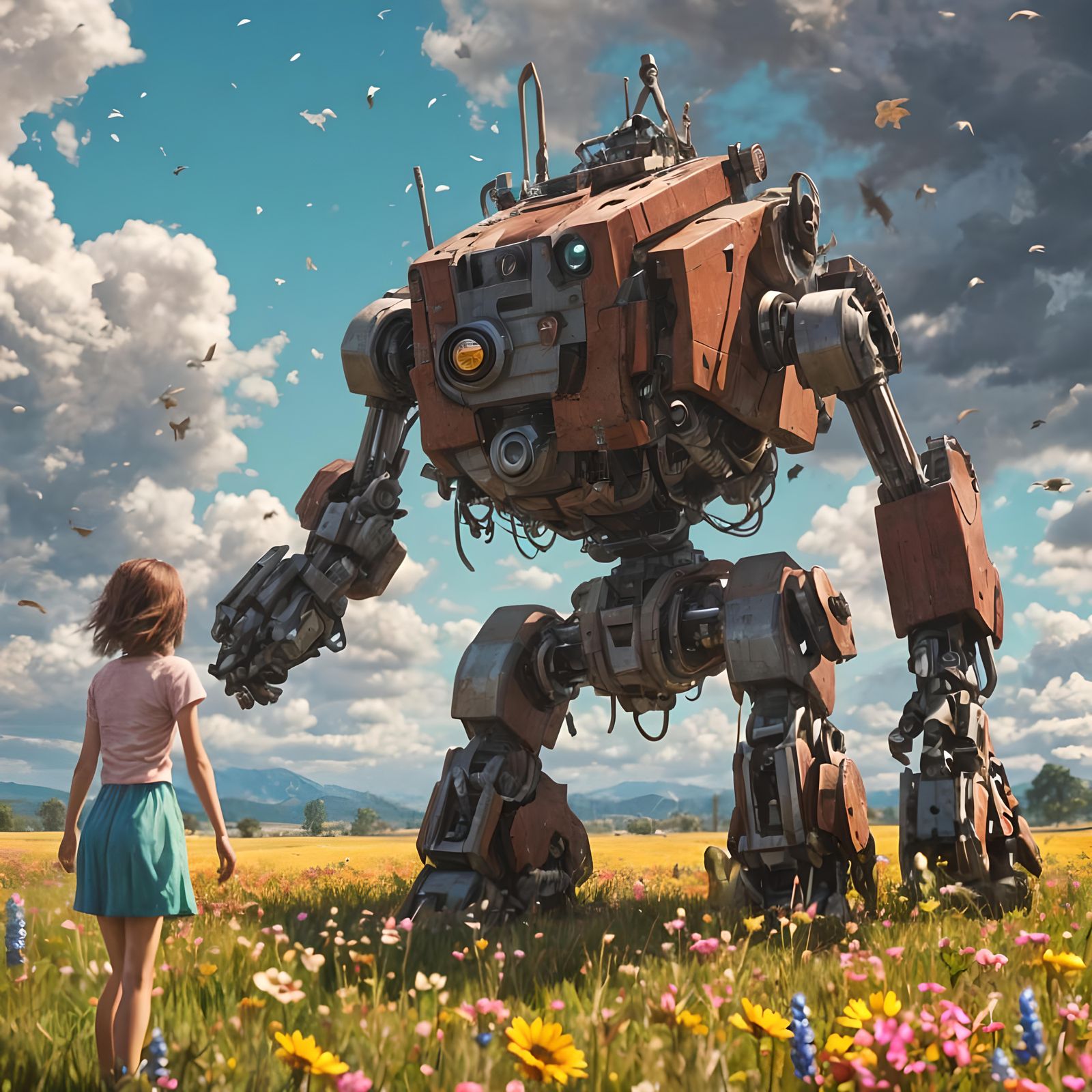 Giant Robot and Girl in Flower Field