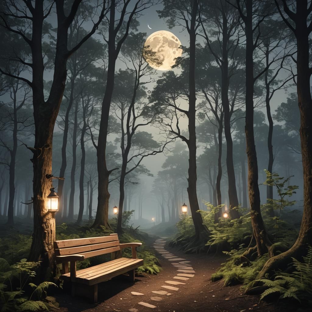 Moonlit Bench in Enchanted Forest
