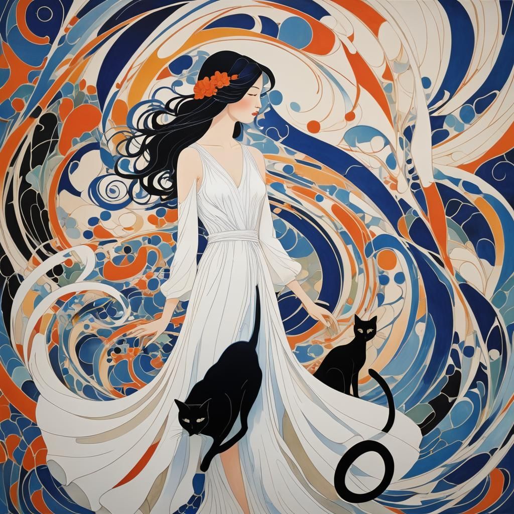 Elegant Girl with Black Cat in Art Nouveau Style