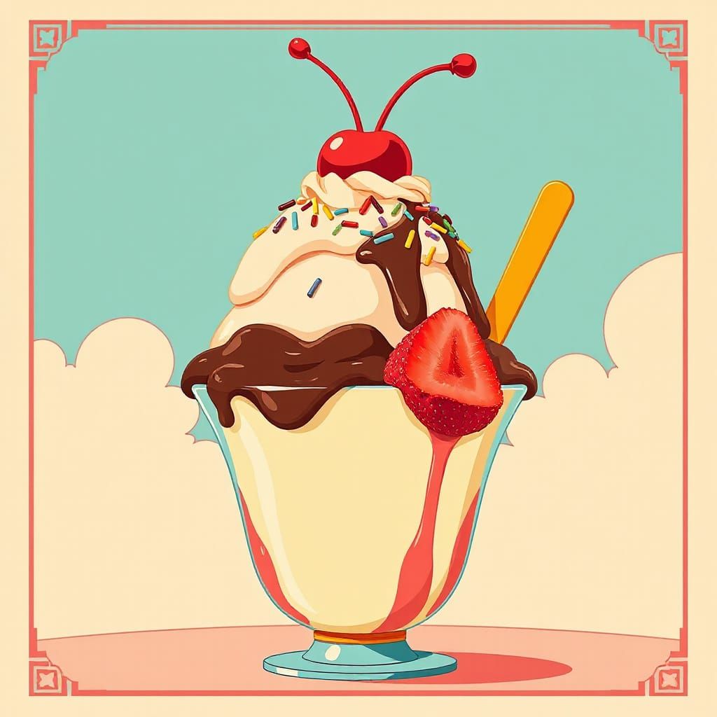 Colorful Ice Cream Sundae in Vintage Poster Style