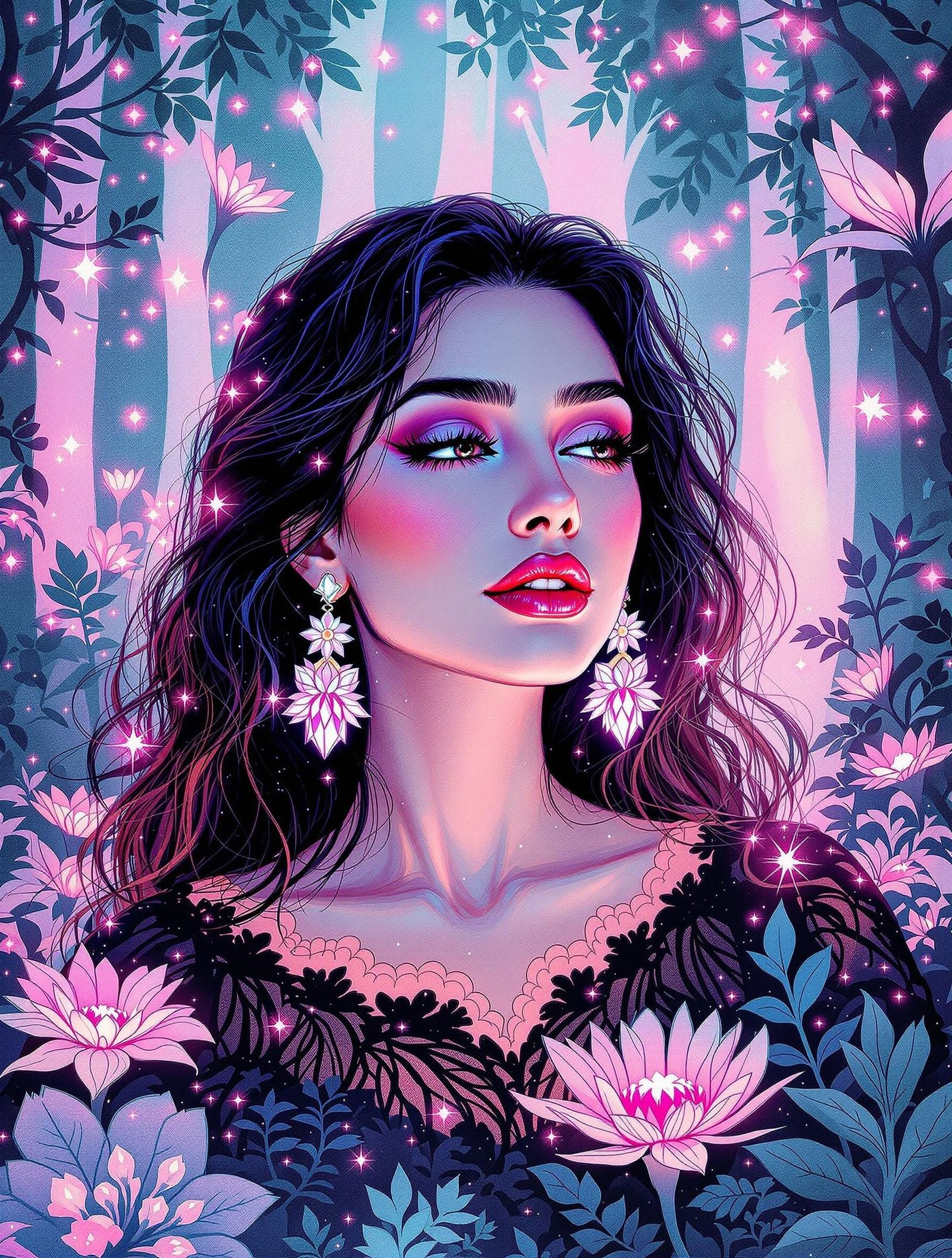 Mystical Woman in Bioluminescent Forest Scene in Whimsical A...