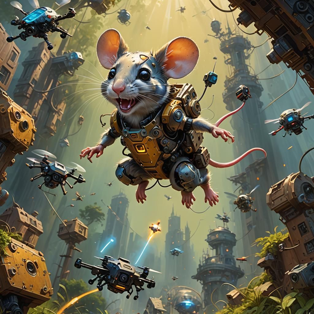 Cyborg Mouse Chasing Drone in Hyperrealistic Oil Painting
