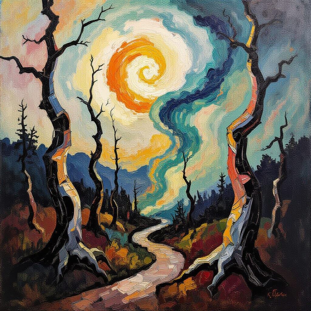 Petrified Forest and Swirling Tornadoes in Expressionist Sty...