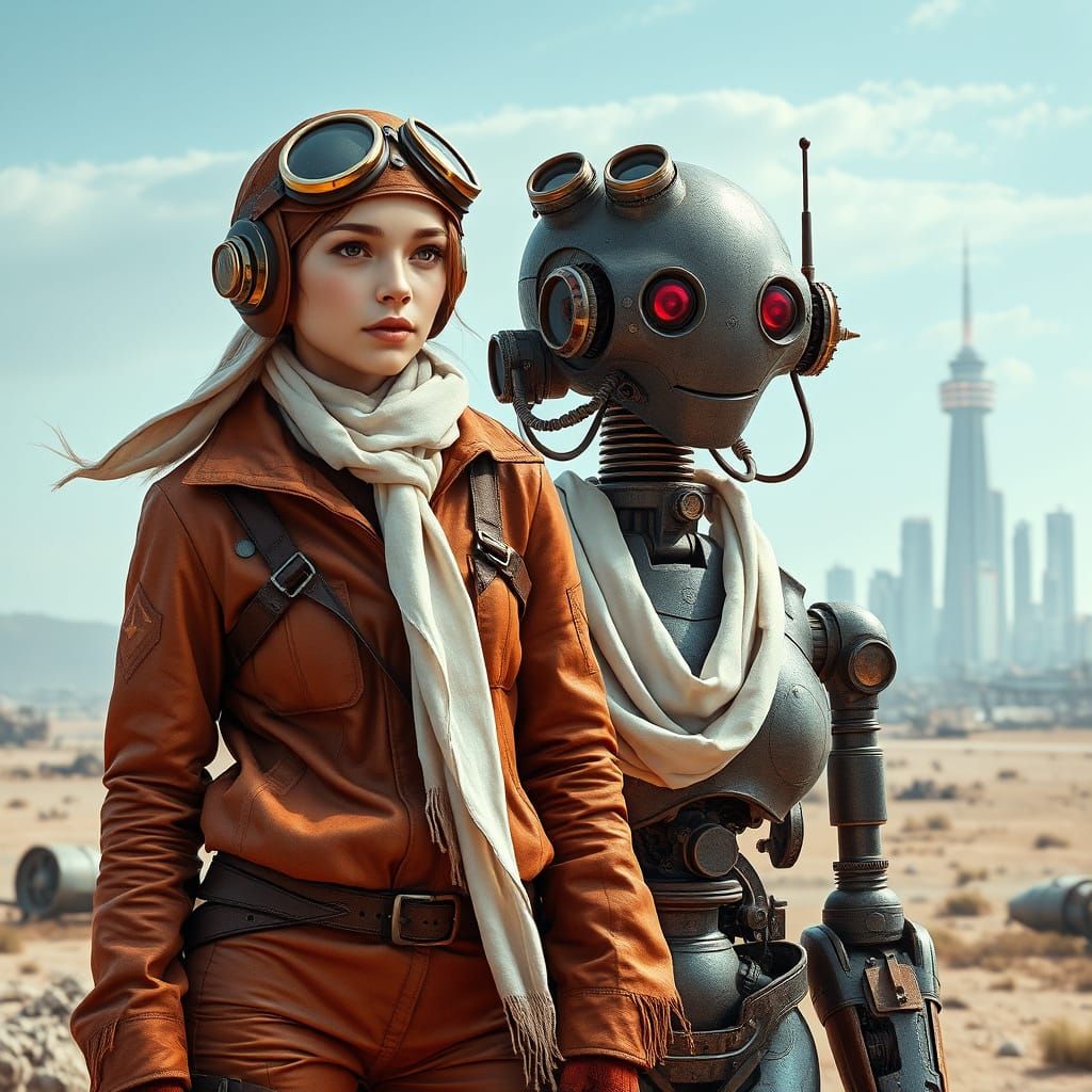 Cyberpunk Pilot and Her Robot Companion Stand Tall