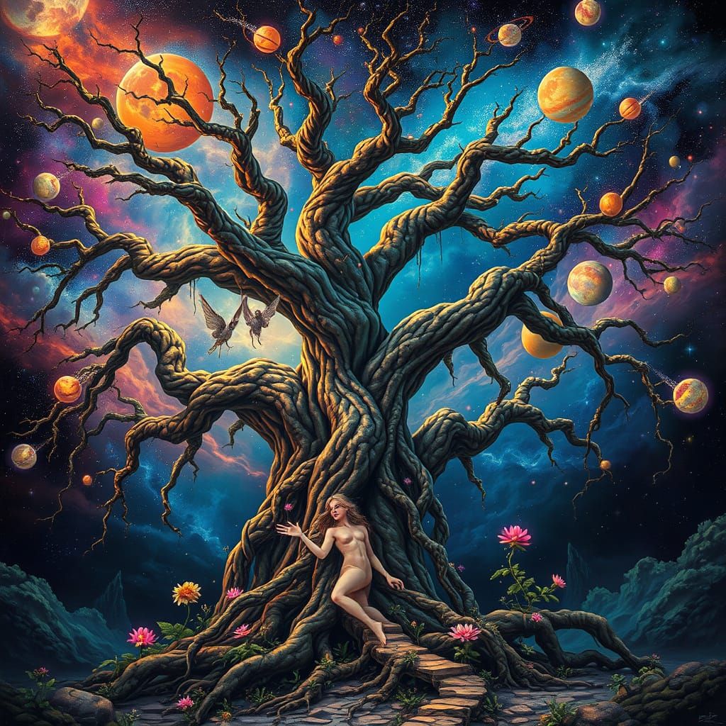 Celestial Tree with Luminescent Flowers in Psychedelic Style