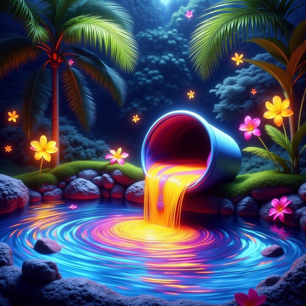 Rainbow Paint Lava Fills Tropical Pool