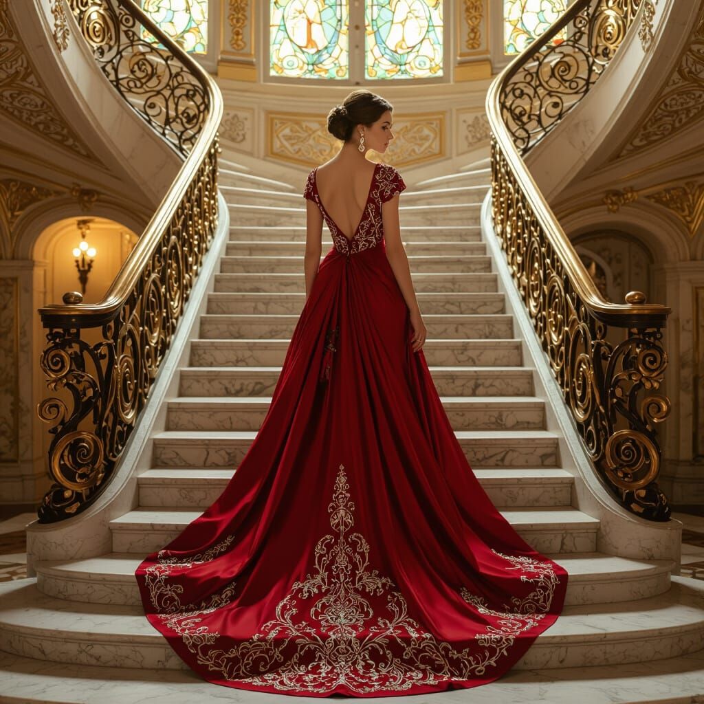 Woman in Red Gown on Royal Stairs