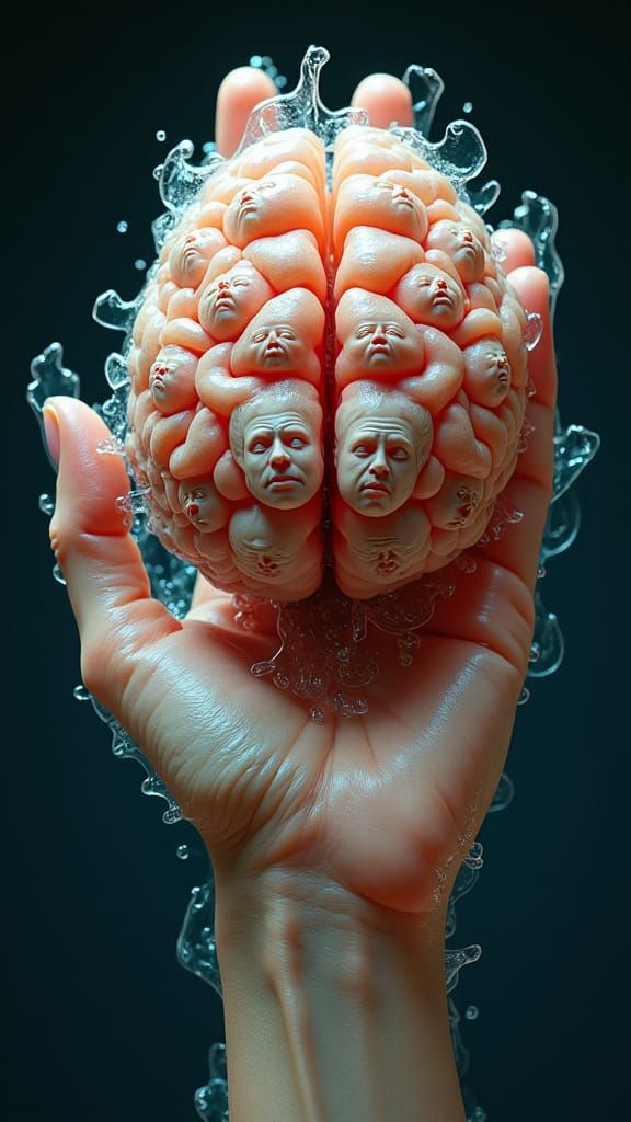 Brain Hand with Faces in Surrealist Style