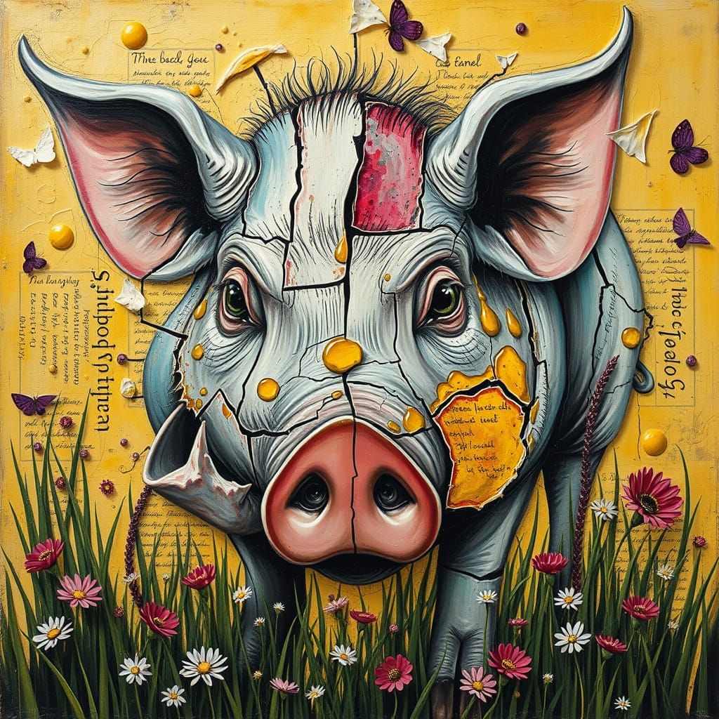 Vibrant Impasto Artwork of a Colossal Ancient Pig in a Dazzl...
