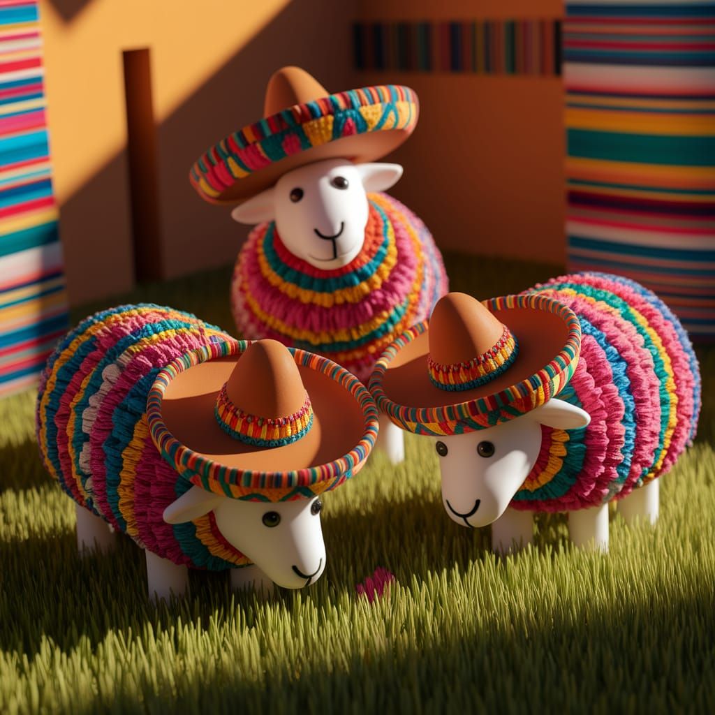 Colorful Sheep in Mexican Village, Digital Art