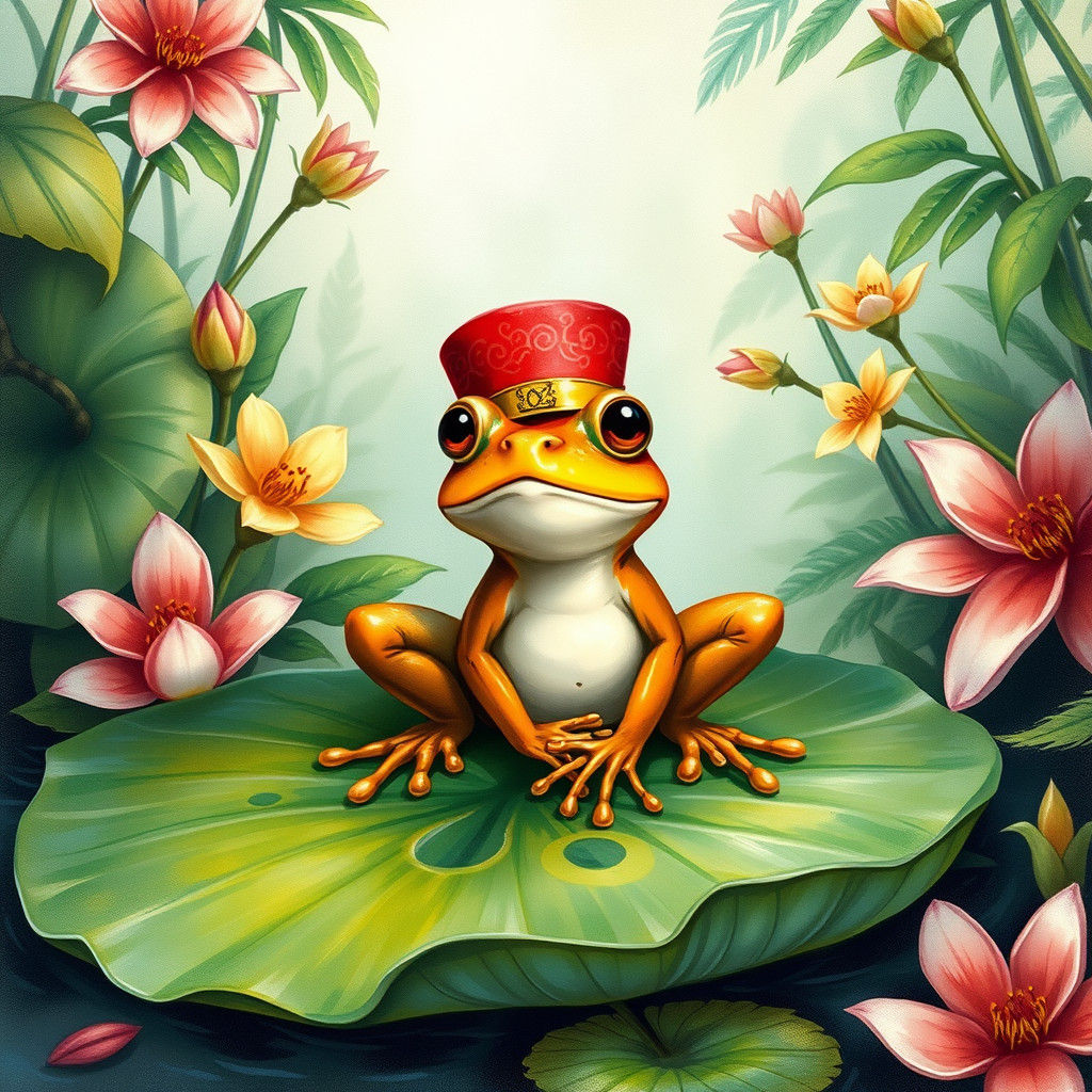 Frog in Red Hat on Lily Pad, Rackham Style