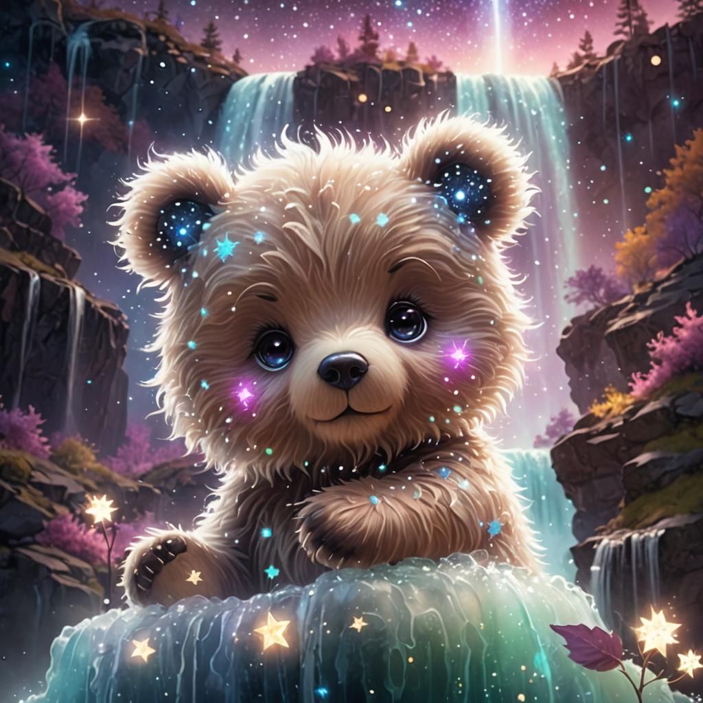 Constellation Bear Cub on Bioluminescent Waterfall