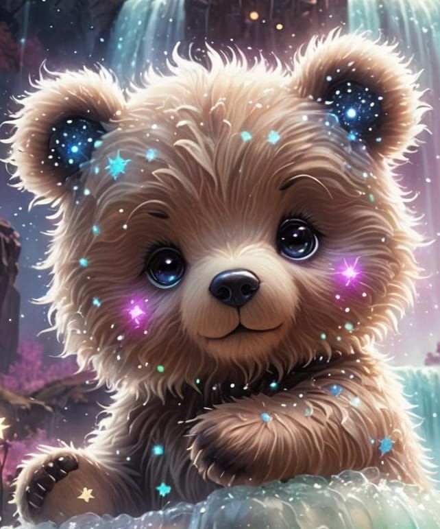 Chibi Bear Constellation at Bioluminescent Waterfall