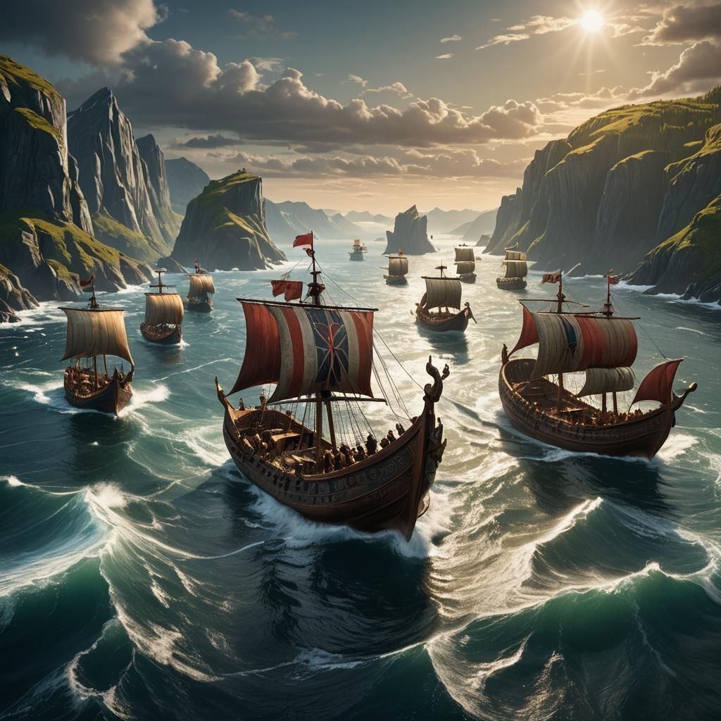 Viking Warships Crossing Norwegian Sea: Matte Painting