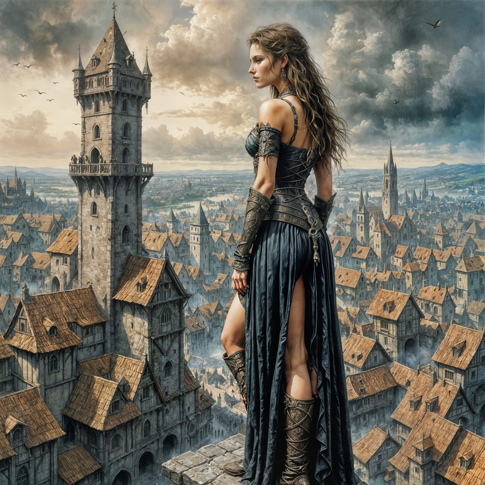 Female Adventurer Overlooking Medieval Village in Royo Style
