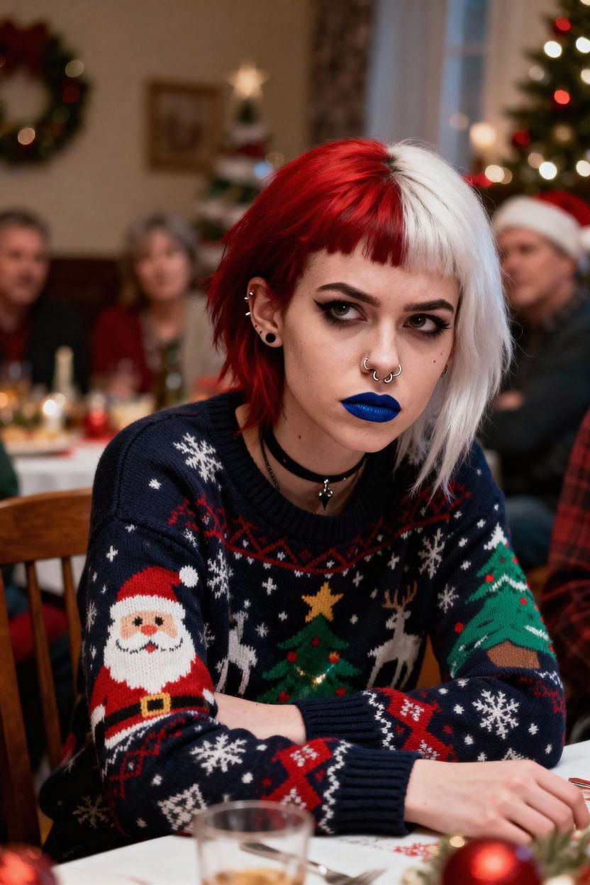 Gothic Woman Bored at Party in Ugly Christmas Sweater