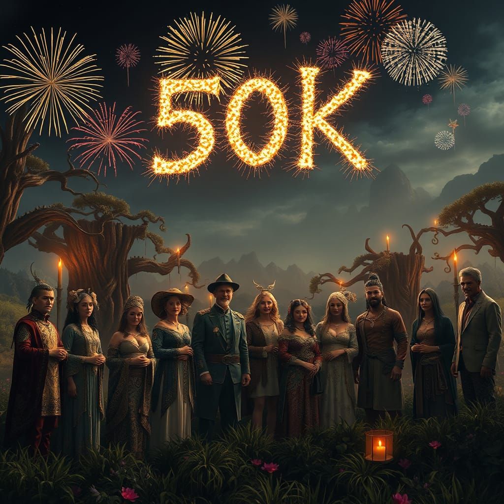 Diverse Group Celebrates with Fireworks in Art Nouveau Style