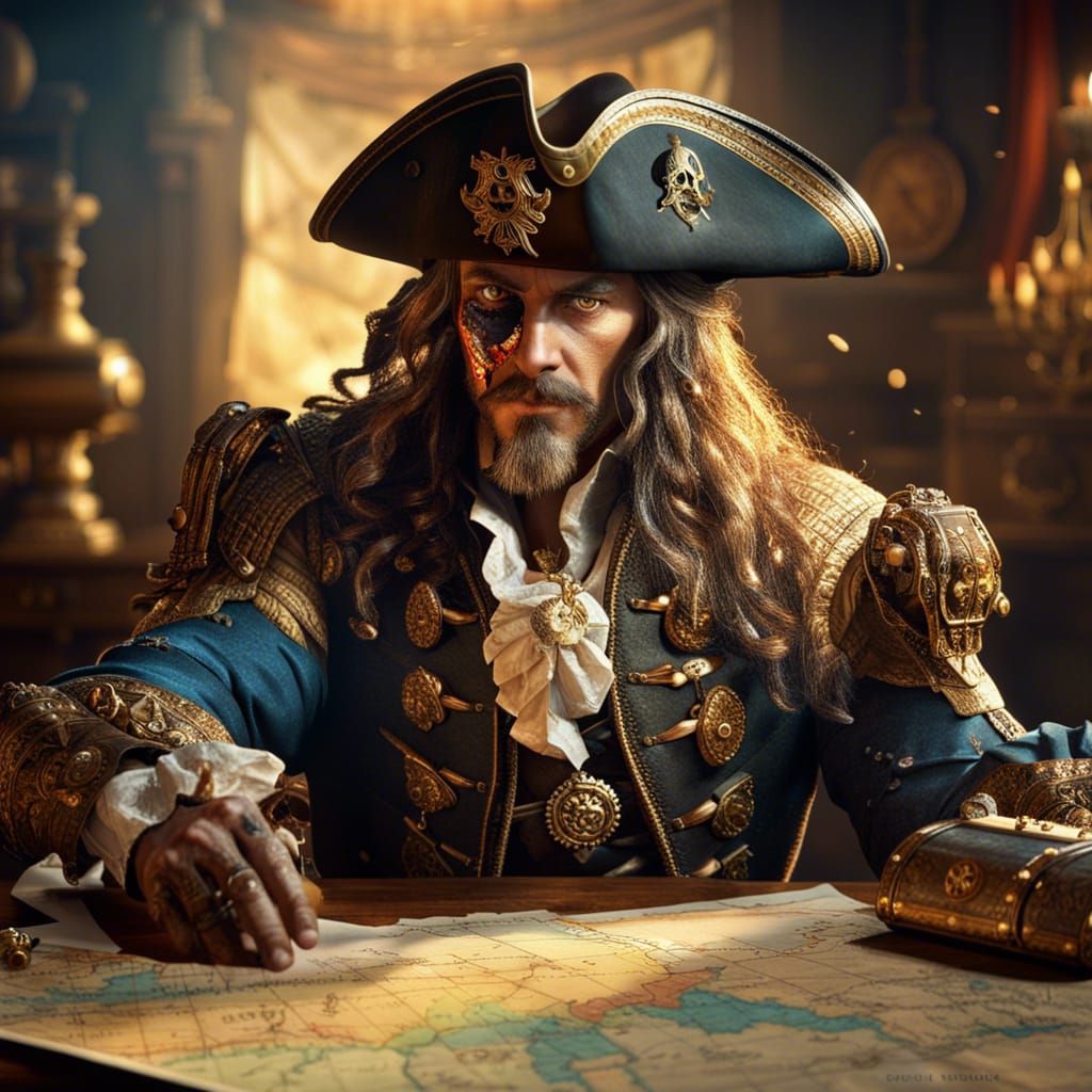 Evil Pirate Captain Planning War in Baroque Style