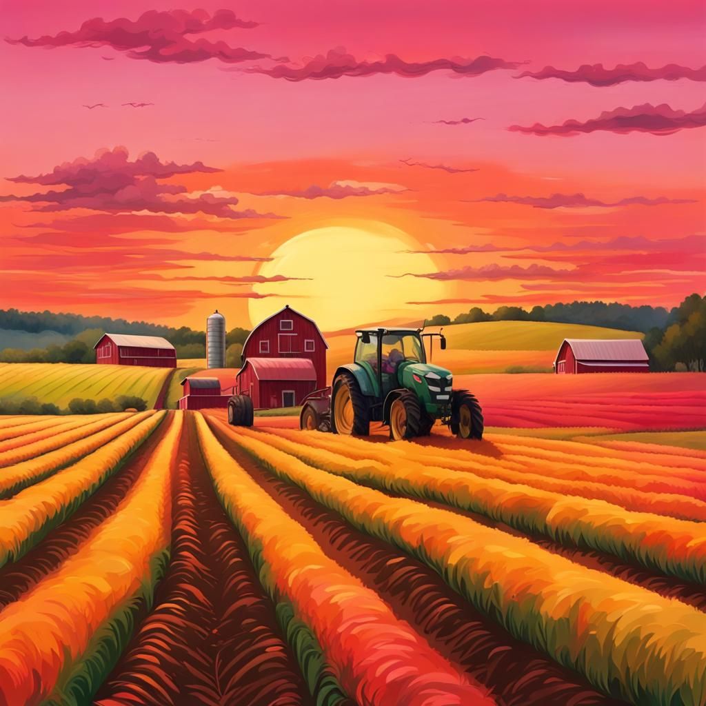 Farm Tractor at Sunset in Hyper-Realistic Style