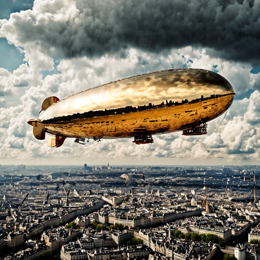 Golden Airship Over 1920s Paris in Vintage Style
