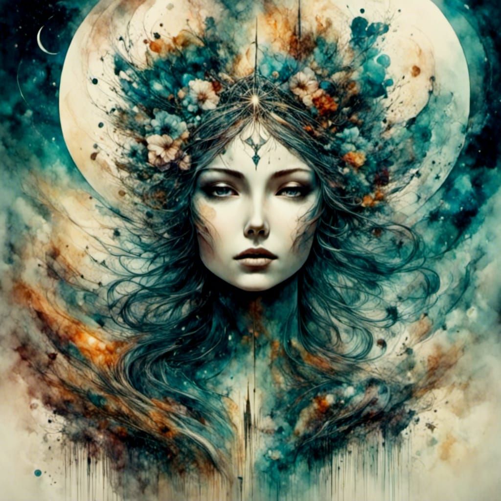 Cosmic Double Exposure Ink Art with Magical City