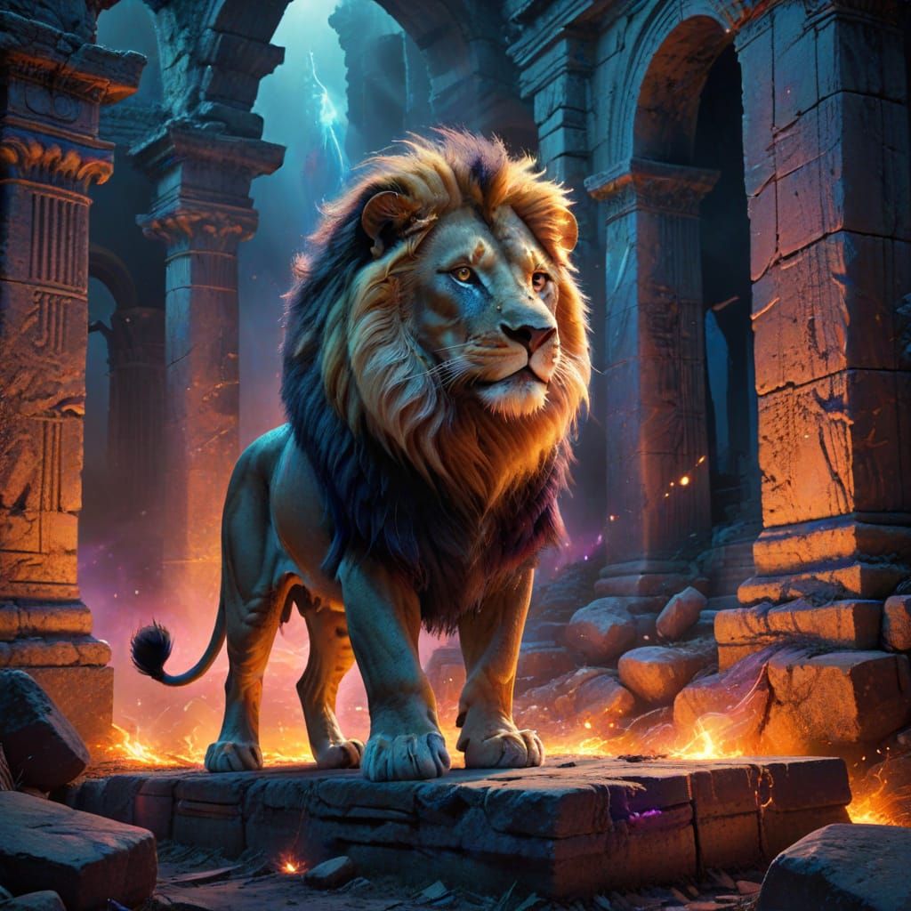 Majestic Lion in Ancient Ruins, Painterly Fantasy Art