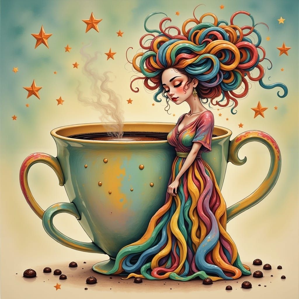 Dreamy Coffee Companion in Whimsical Art Style