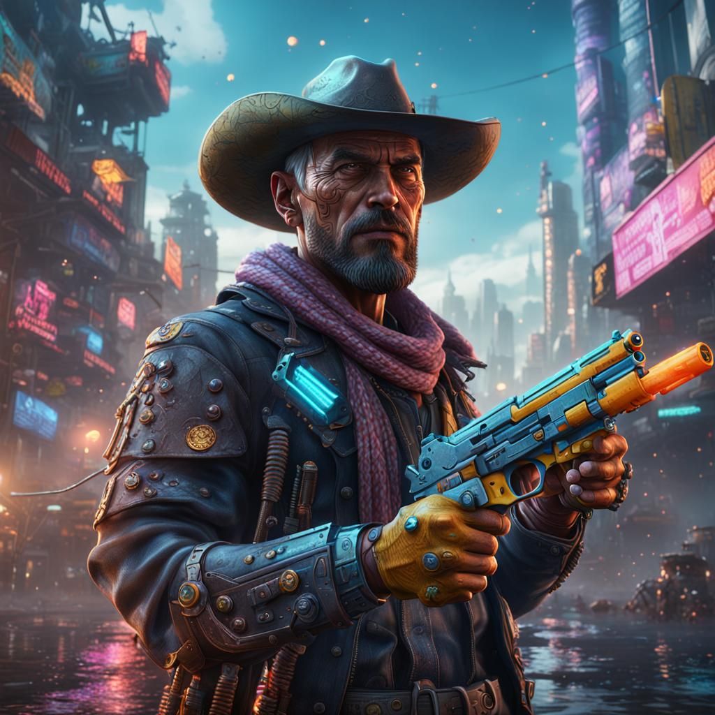 Cyberpunk Cowboy with Water Pistols in Detailed Digital Art