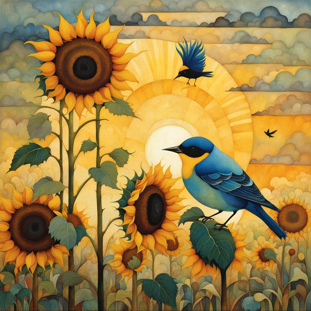 Sunflower, Bird, Sunset: Intricate Surrealist Art