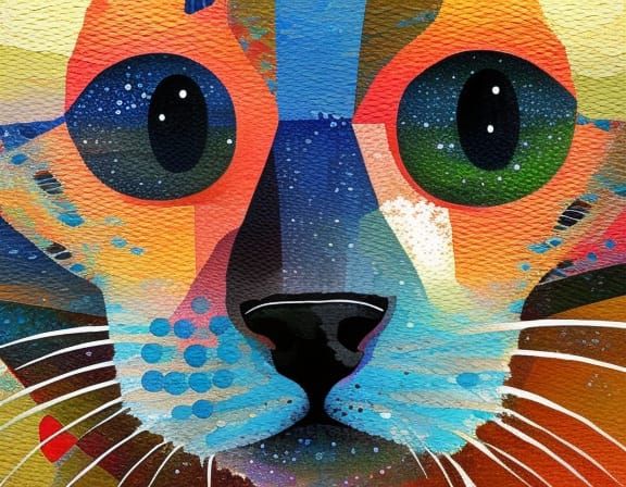 Cute Cat in Dark Watercolor Collage Art