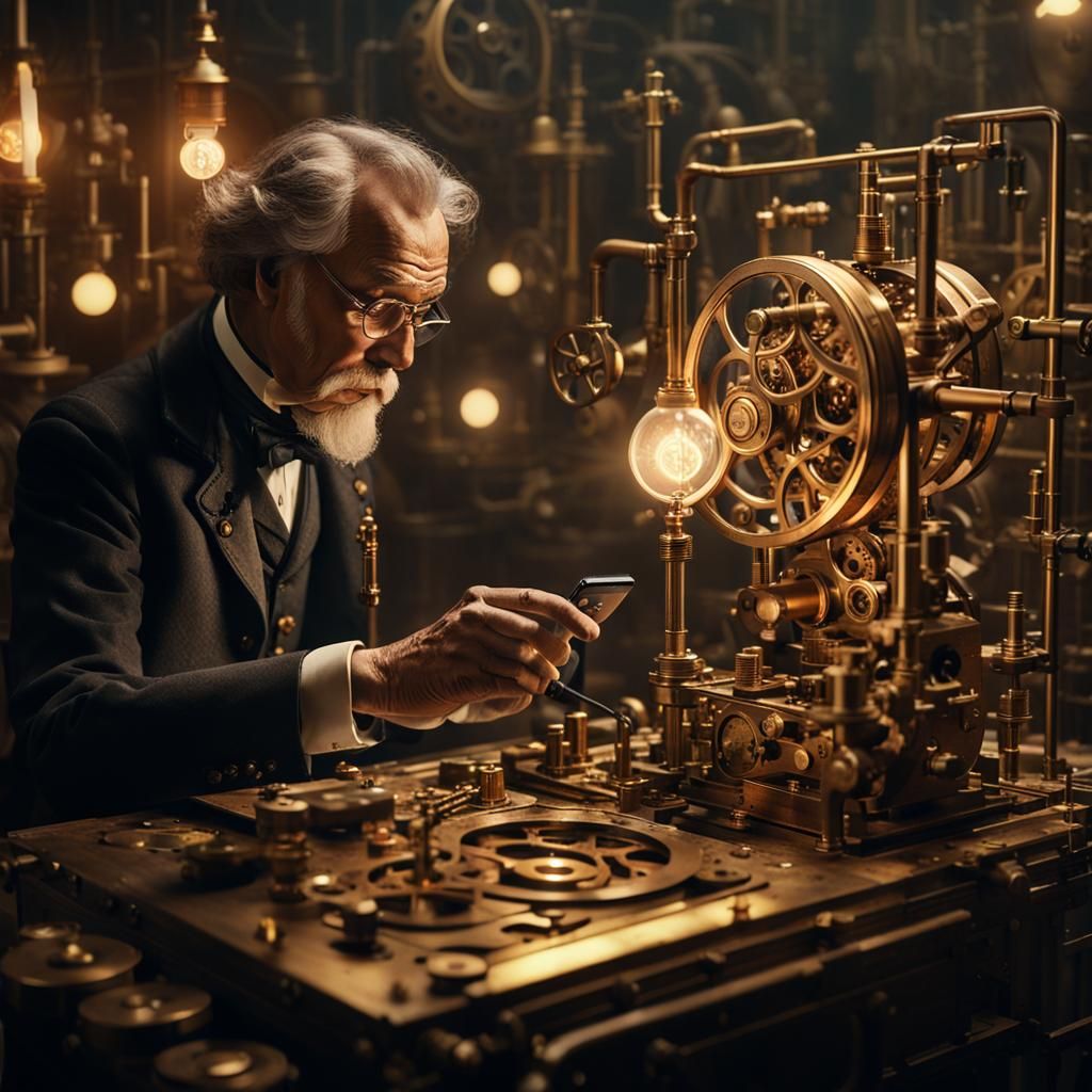 Victorian Inventor Scrolling on Steampunk Smartphone