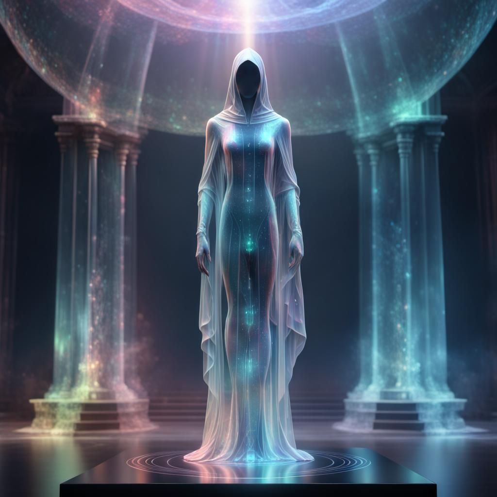 Holographic Cloaked Figure on Pedestal: Digital Art