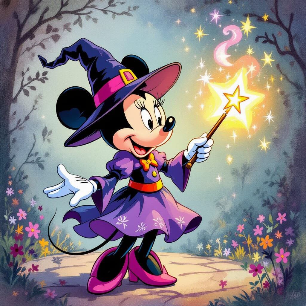 Minnie Mouse as Witch Casting Spell in Whimsical Gouache Pai...