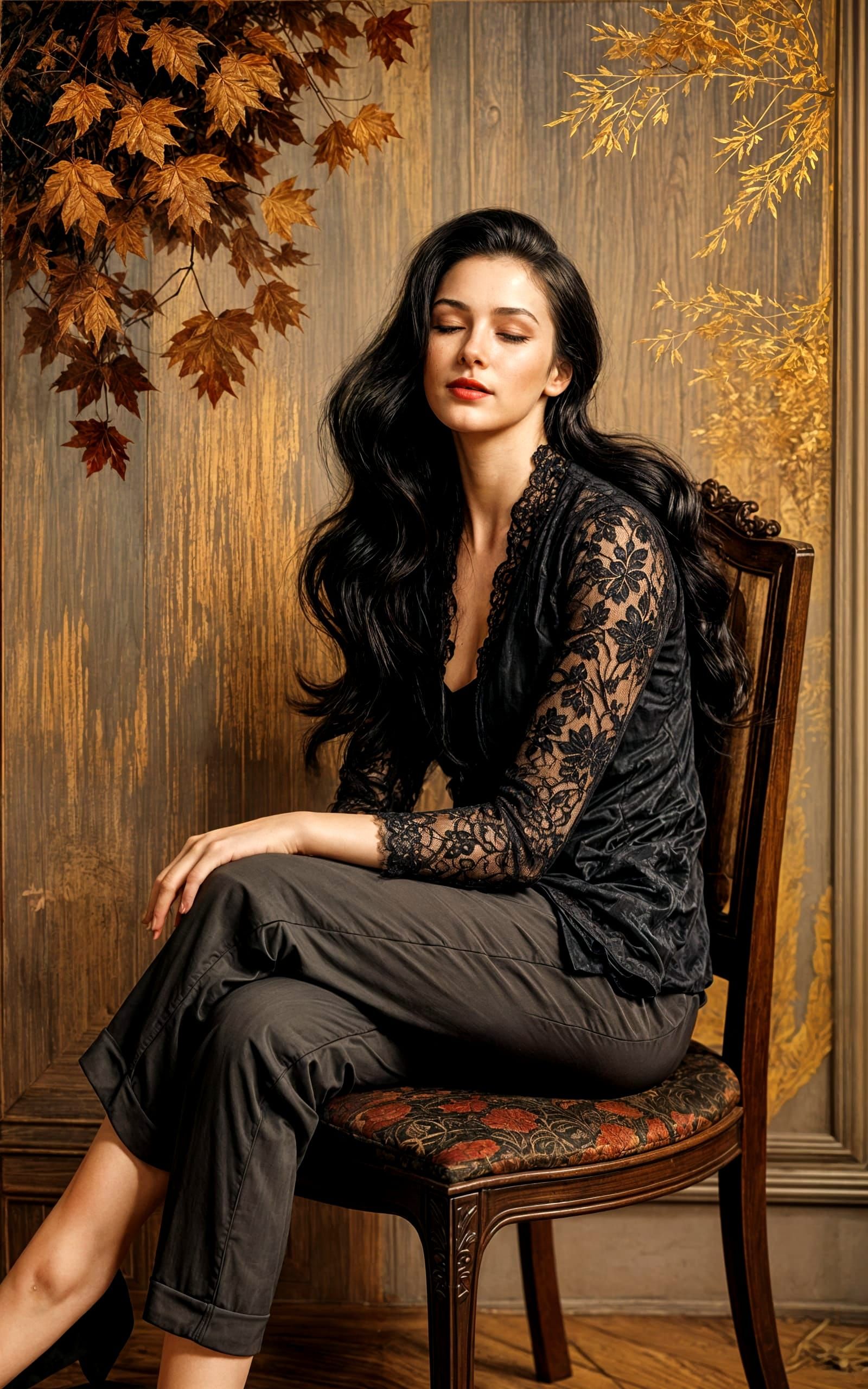 Dramatic Oil Painting of Woman in Black Lace Jacket