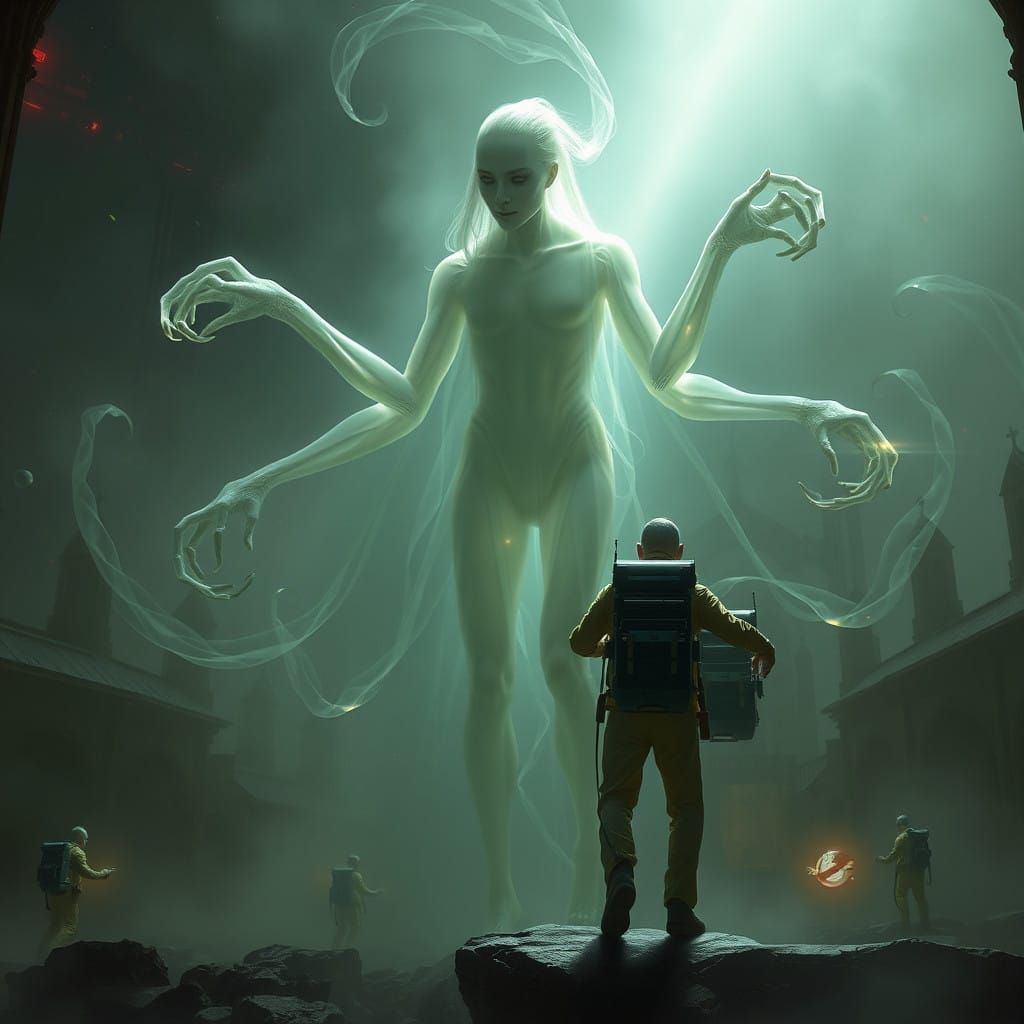 Bionic Ghost Entity Amidst Starfleet Ruins in Neon Light