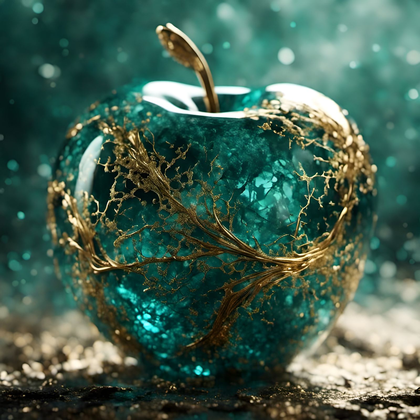 Fibrous Glass Apple with Teal and Gold