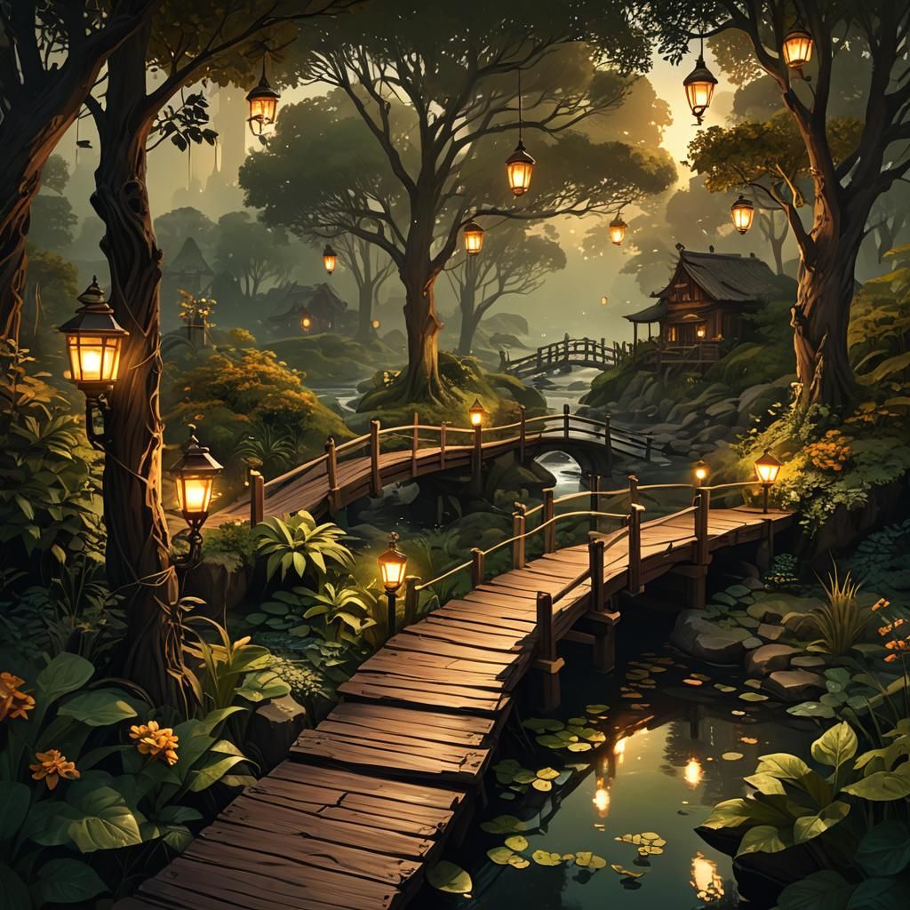 Fantastical Garden Landscape with Golden Lights