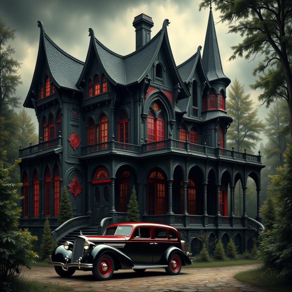 Gothic Mansion with Vintage Car in Dramatic Black and Red