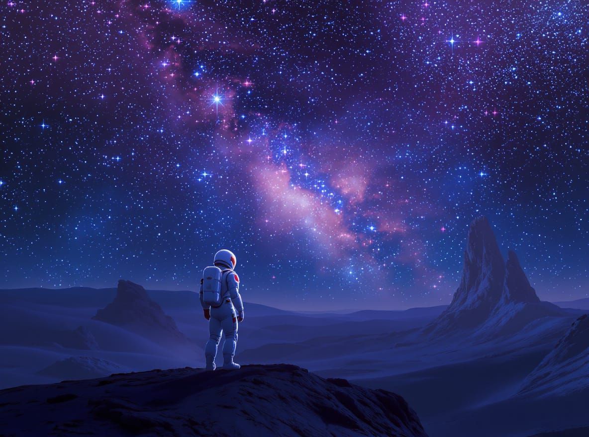 A lone astronaut stands on a desolate, alien planet, gazing up at a sky filled with swirling nebulae and distant galaxie...